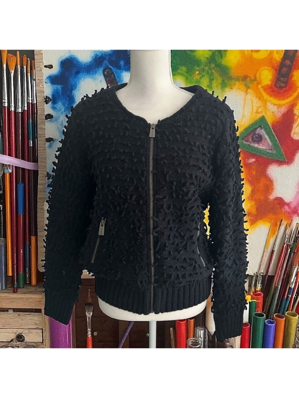 ANINE BING Black Knit Pulled Bomber Style Jacket Coat Size XS